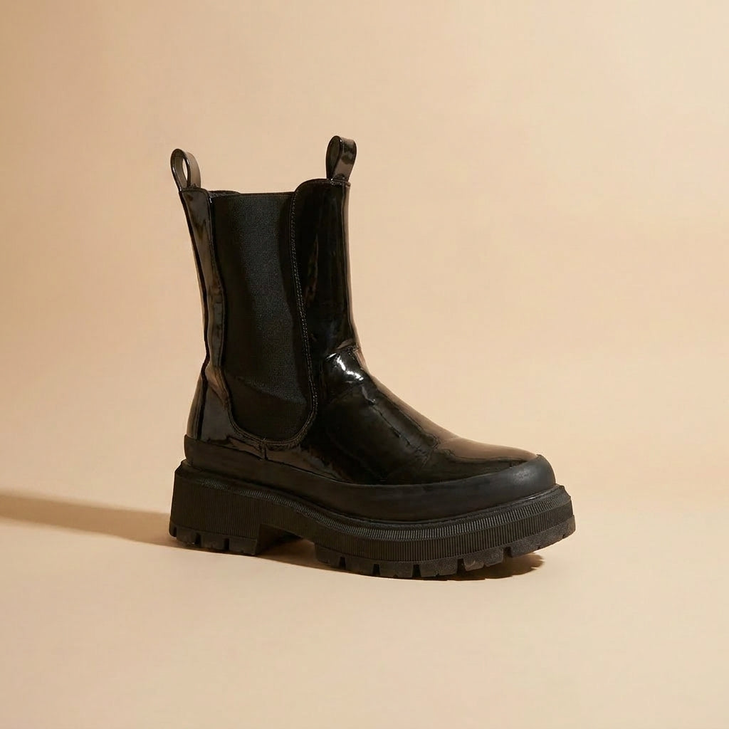 black patent Chelsea boots
