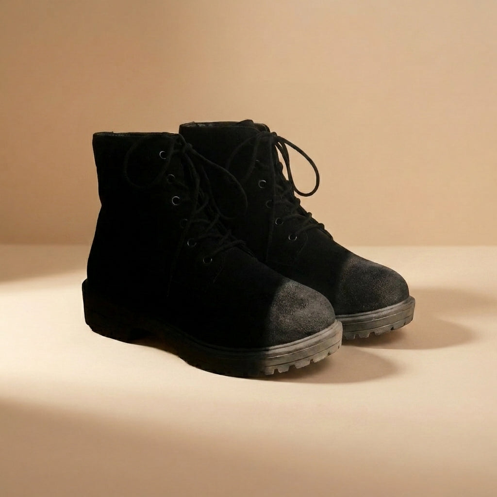 black suedette lace-up ankle boots