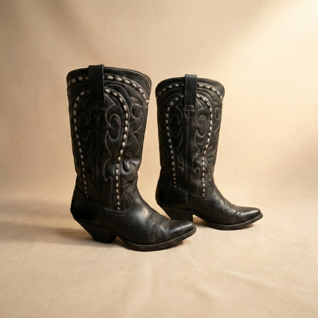 Black leather cowboy boots